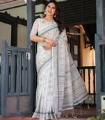 White printed art silk designer pallu saree