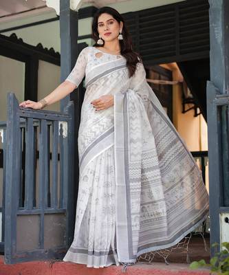 White printed art silk designer pallu saree 2