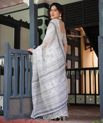 White printed art silk designer pallu saree 3