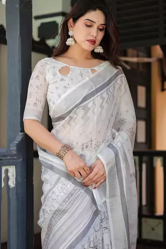 White printed art silk designer pallu saree