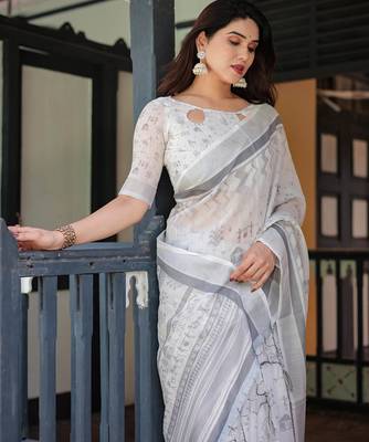 White printed art silk designer pallu saree 5