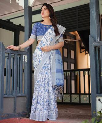 White printed art silk designer pallu saree 2