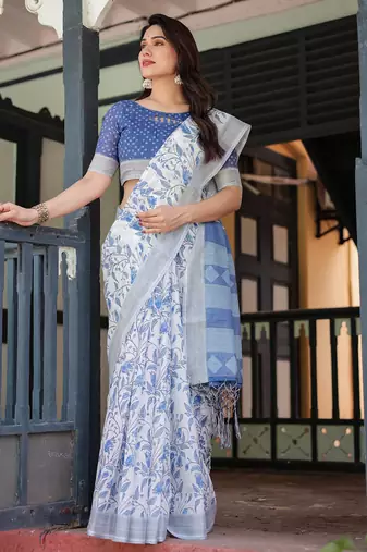 White printed art silk designer pallu saree