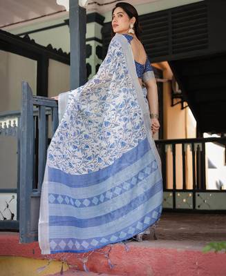 White printed art silk designer pallu saree 3