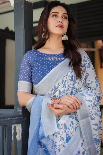 White printed art silk designer pallu saree