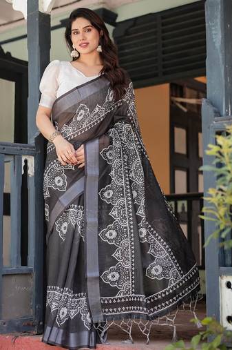 Black printed art silk designer pallu saree