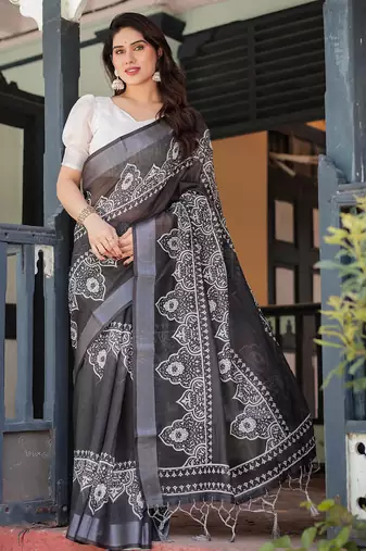 Black printed art silk designer pallu saree