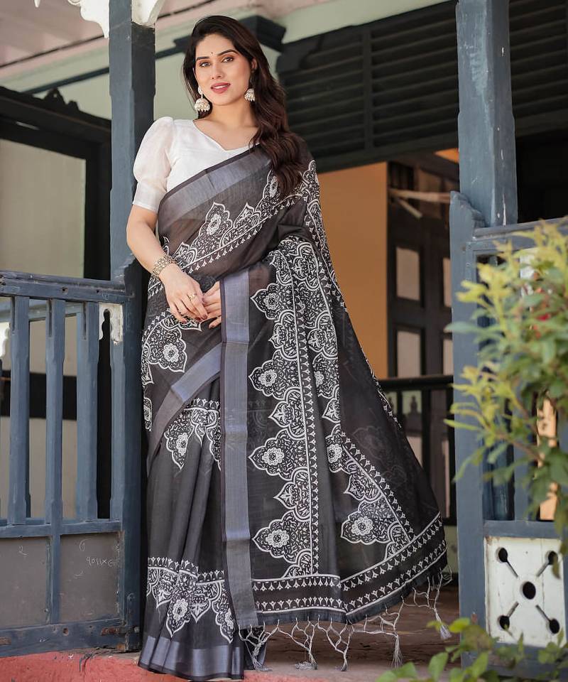 Black printed art silk designer pallu saree