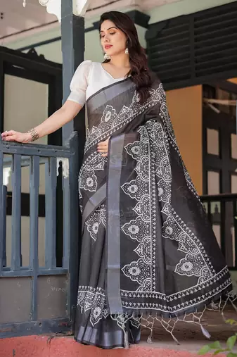 Black printed art silk designer pallu saree