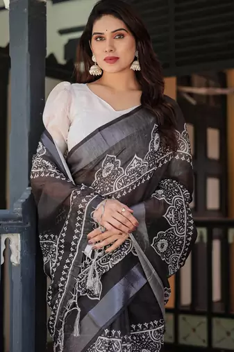 Black printed art silk designer pallu saree