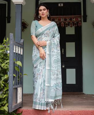 White printed art silk designer pallu saree 1