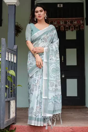 White printed art silk designer pallu saree