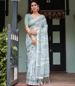 White printed art silk designer pallu saree