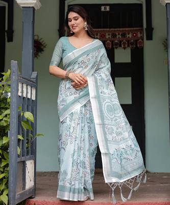 White printed art silk designer pallu saree 2