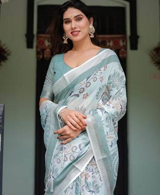 White printed art silk designer pallu saree 4