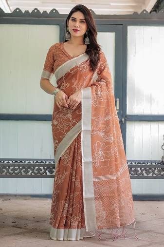 Brown printed art silk designer pallu saree