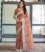 Brown printed art silk designer pallu saree
