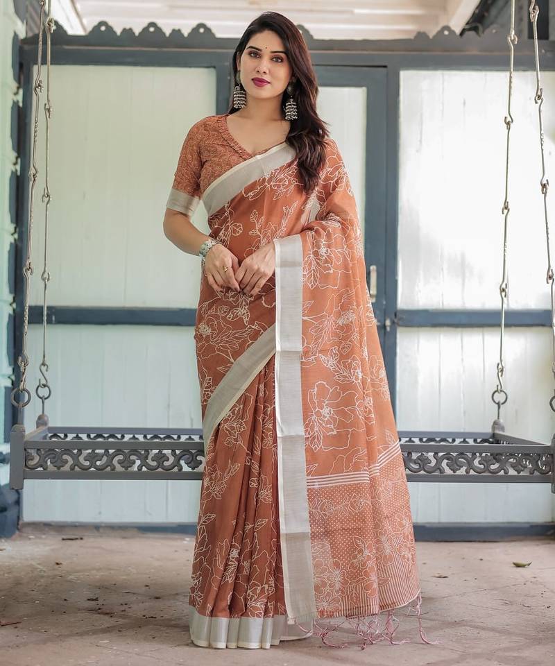 Brown printed art silk designer pallu saree