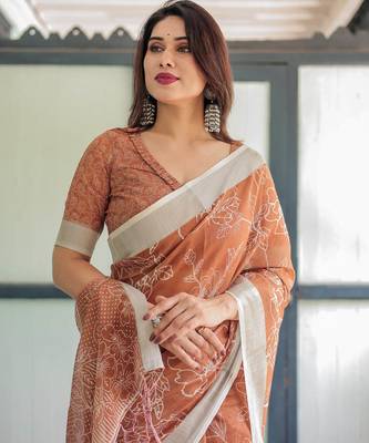 Brown printed art silk designer pallu saree 4