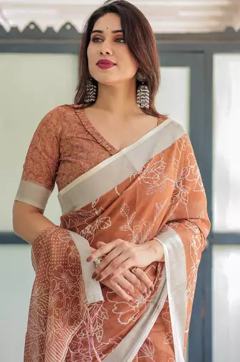 Brown printed art silk designer pallu saree