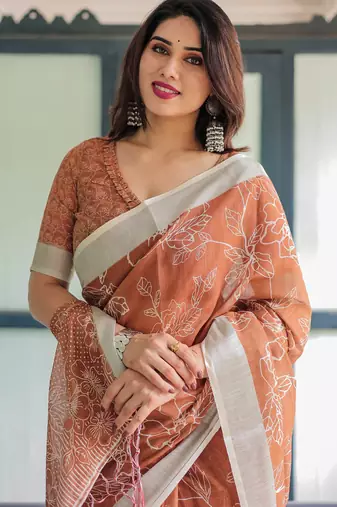 Brown printed art silk designer pallu saree