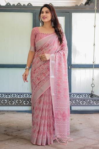 Baby pink printed art silk designer pallu saree