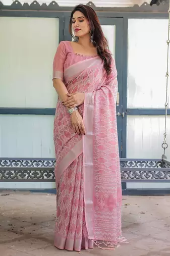 Baby pink printed art silk designer pallu saree