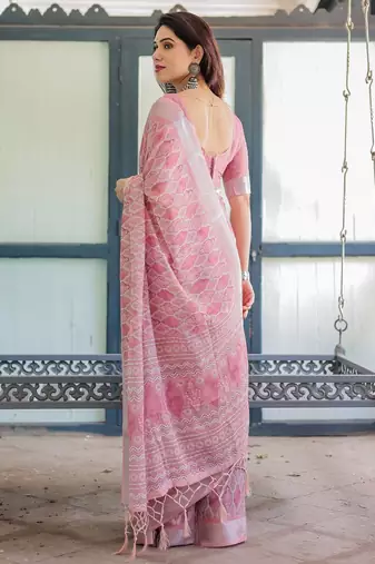 Baby pink printed art silk designer pallu saree