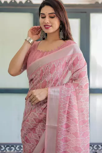 Baby pink printed art silk designer pallu saree