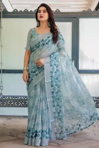 Light sky blue printed art silk designer pallu saree