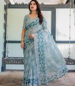 Light sky blue printed art silk designer pallu saree