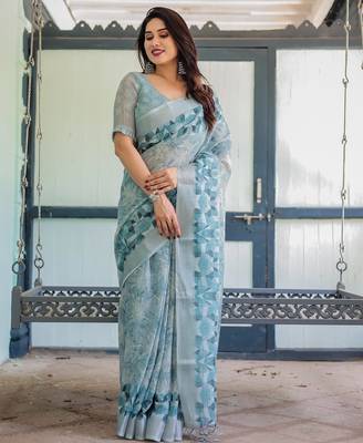 Light sky blue printed art silk designer pallu saree 2