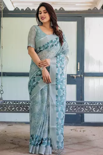 Light sky blue printed art silk designer pallu saree