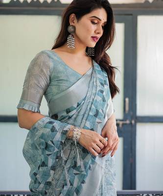 Light sky blue printed art silk designer pallu saree 4