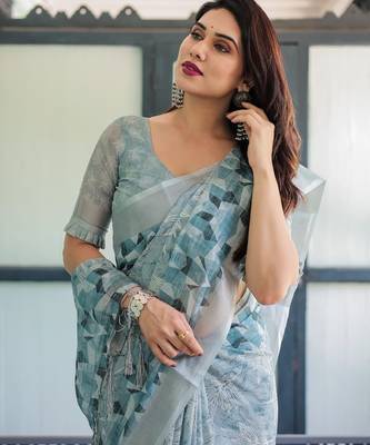 Light sky blue printed art silk designer pallu saree 5