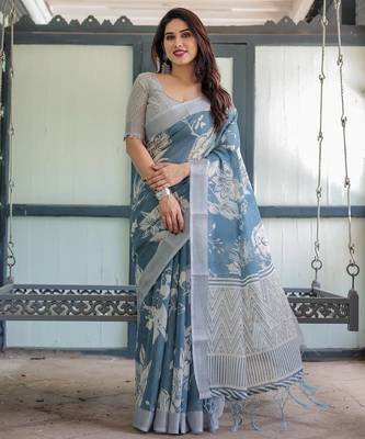 Teal printed art silk designer pallu saree 1