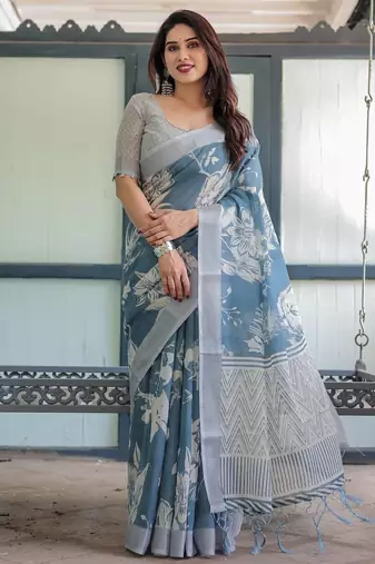 Teal printed art silk designer pallu saree