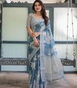 Teal printed art silk designer pallu saree