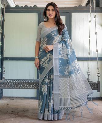 Teal printed art silk designer pallu saree 2