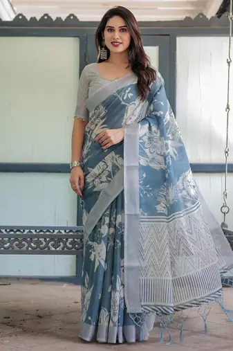 Teal printed art silk designer pallu saree