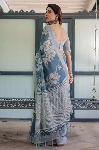 Teal printed art silk designer pallu saree