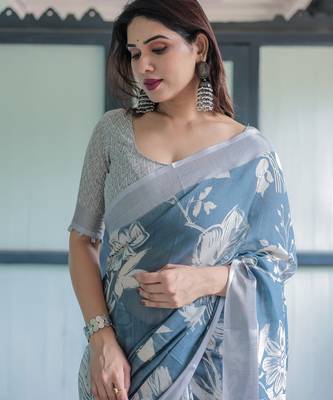 Teal printed art silk designer pallu saree 4