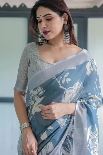 Teal printed art silk designer pallu saree