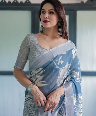 Teal printed art silk designer pallu saree 5