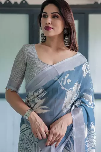 Teal printed art silk designer pallu saree