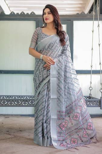 Grey printed art silk designer pallu saree