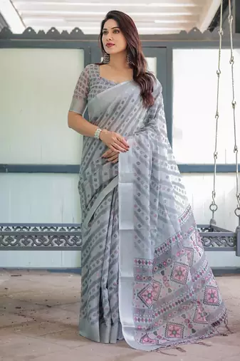 Grey printed art silk designer pallu saree