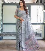Grey printed art silk designer pallu saree