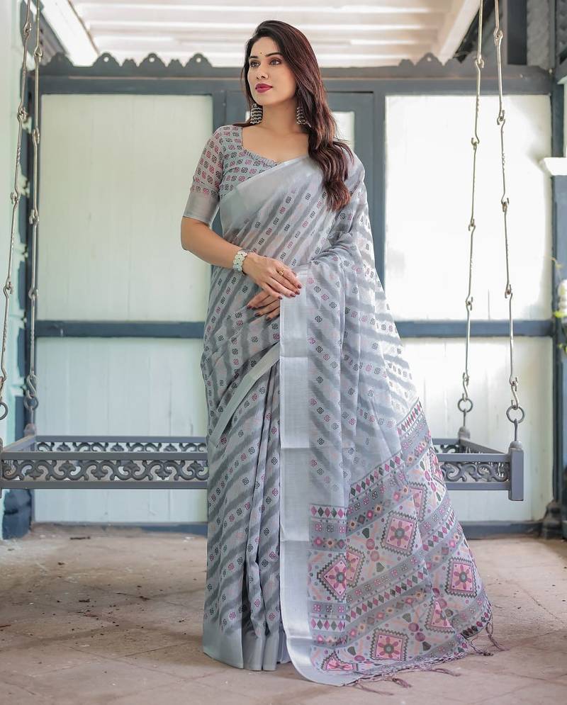 Grey printed art silk designer pallu saree