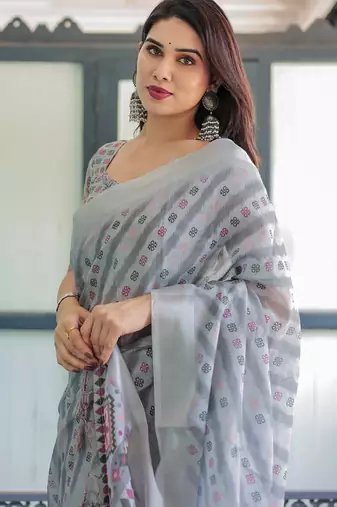 Grey printed art silk designer pallu saree